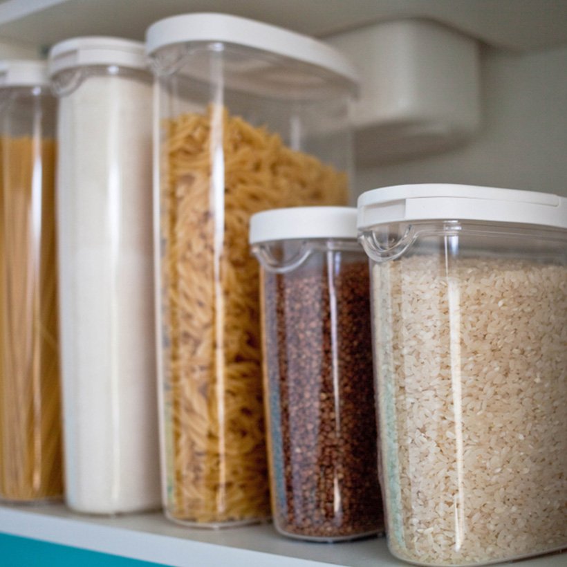 Kitchen organiser set of dabbas to store all the pulses above the countertop which is perfectly suitable for small kitchen organisation ideas