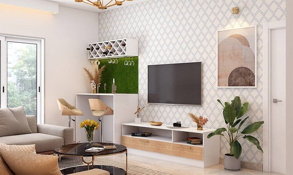 A kid-friendly living room furniture wall-mounted bar unit frees up precious floor space to move freely for kids