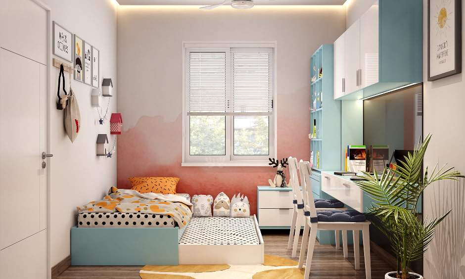 A kids' bedroom with a space-saving trundle bed in baby blue and white