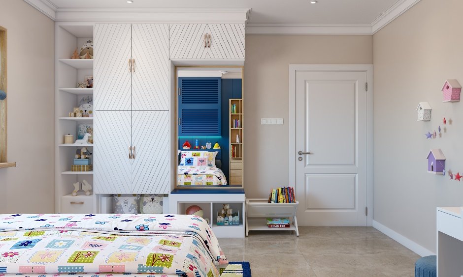 Kid's wardrobe cum dresser unit design for 3bhk interior lends aesthetic