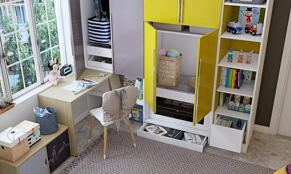 Kids wardrobe with open shelf, top and bottom cabinets and skirting drawer for storage