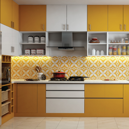 Stylish yellow and white kitchen cabinets in Chennai with storage