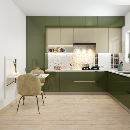 Kitchen design in Chennai in L-shaped with a wall mounted dining table