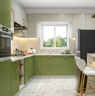 Kitchen design in Pune in L-shaped with laundry area