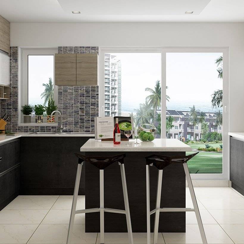 Kitchen island design with bar stools boost the elegance of the simple but stylish black kitchen island