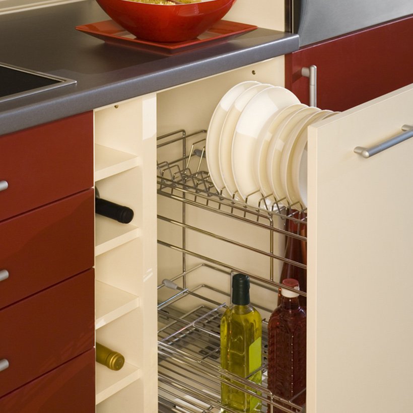 Kitchen cabinet organizers with pull out mechanism to put trays and plates in the top and bottles storage in the bottom for kitchen  counter organization