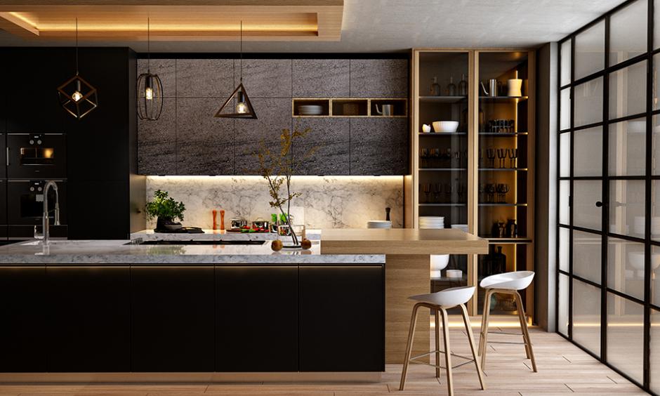 Kitchen POP design with wooden rafters for a sleek and modern look