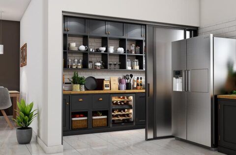 Sliding door separates pantry area from kitchen, maximising style and function.