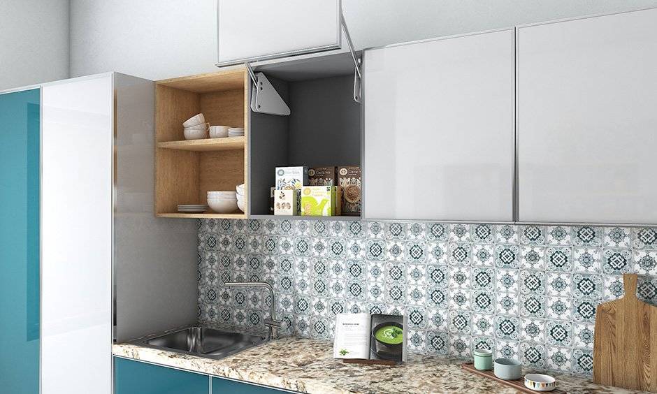 This white vertical lift up shutter wall kitchen unit design is easy to use as it does not swing-out