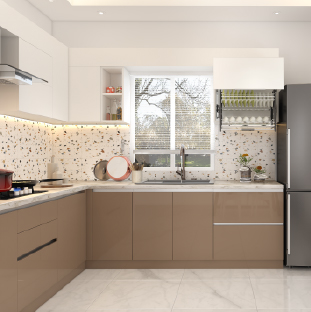 L-shaped modular kitchen with beige cabinets, tailored for modern Gurgaon homes