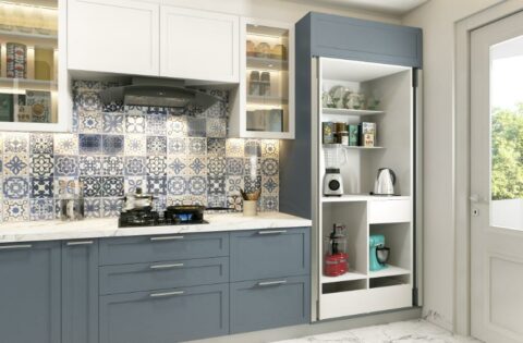 Compact kitchen with foldable dining table, open shelves, and smart modular storage solutions