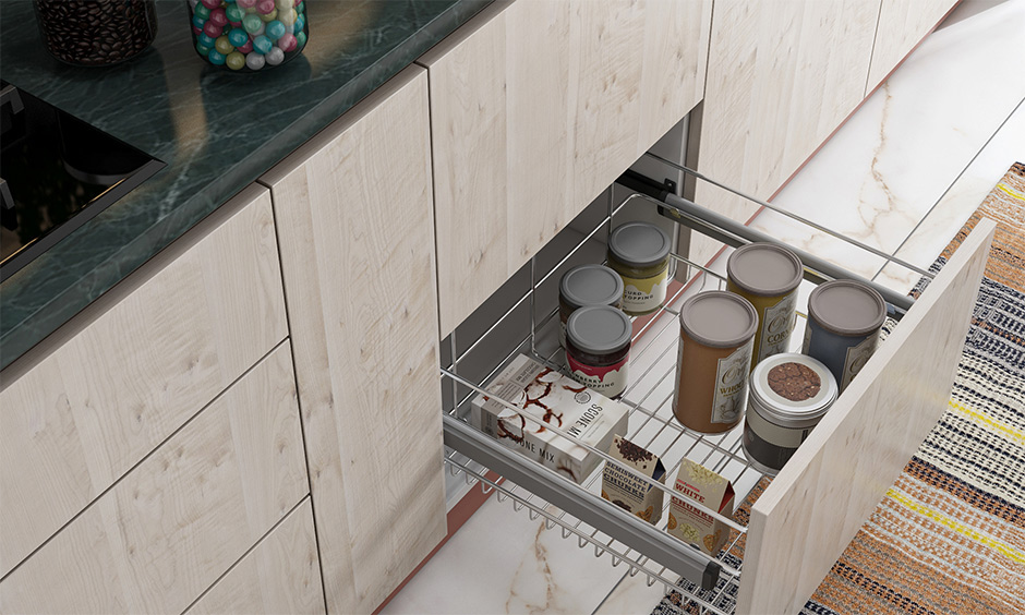 Wire basket vs tandem box kitchen drawers, shown side by side in a cabinet for comparison.