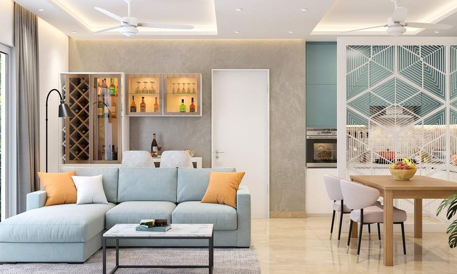 A modern living room bar with elegant shelving, bar stools, and soft lighting for relaxation.