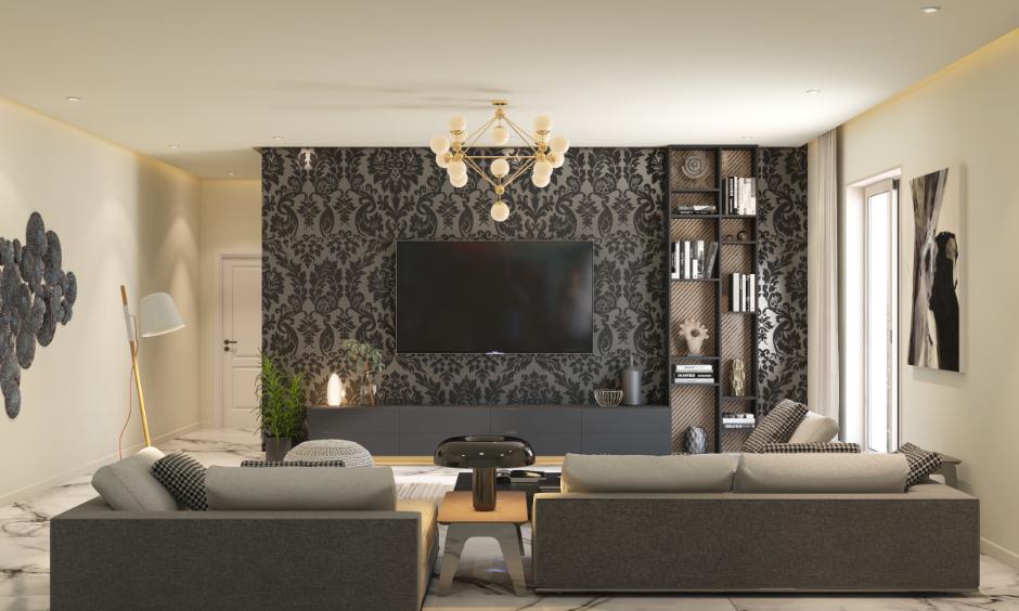 Black and charcoal grey living room with modern furniture and contrast lighting