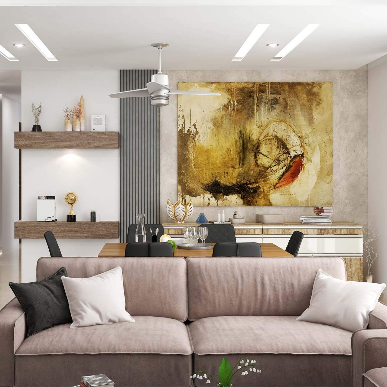 Living room interior in which collage of family pictures are hung on the wall