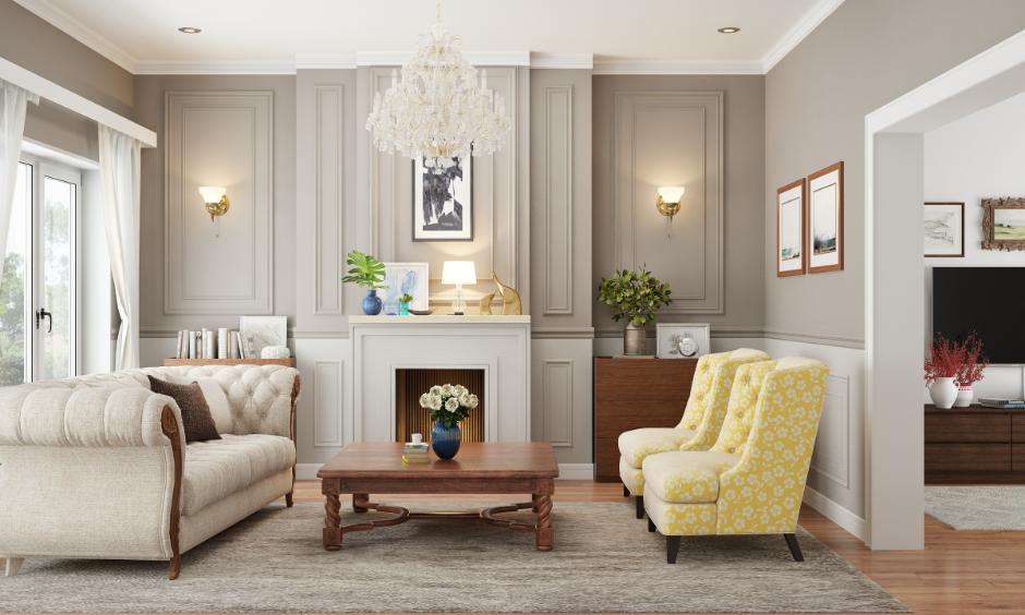 Living room wall panelling idea with classic box moulding and geometric patterned panels.