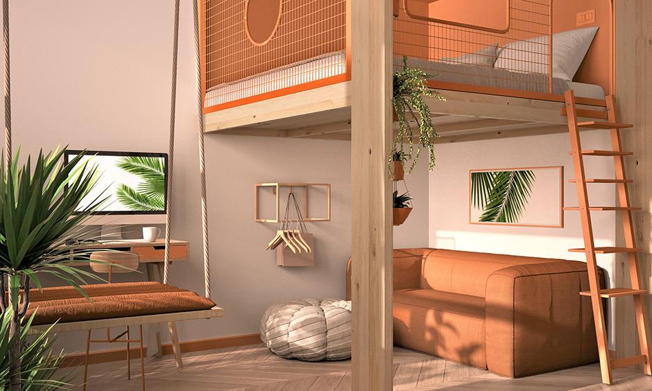 Loft-style, irregularly shaped bedroom interior design for a compact space