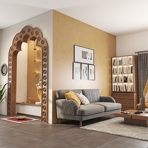 Luxury interior designers in Hyderabad designed a living room with a pooja unit