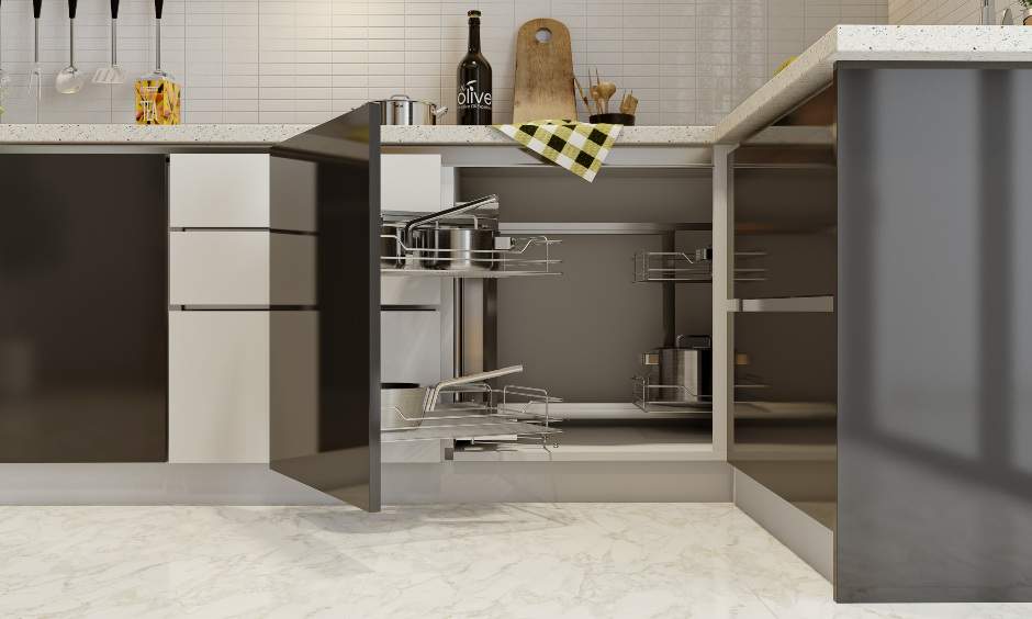 A magic corner storage unit in g-layout kitchen