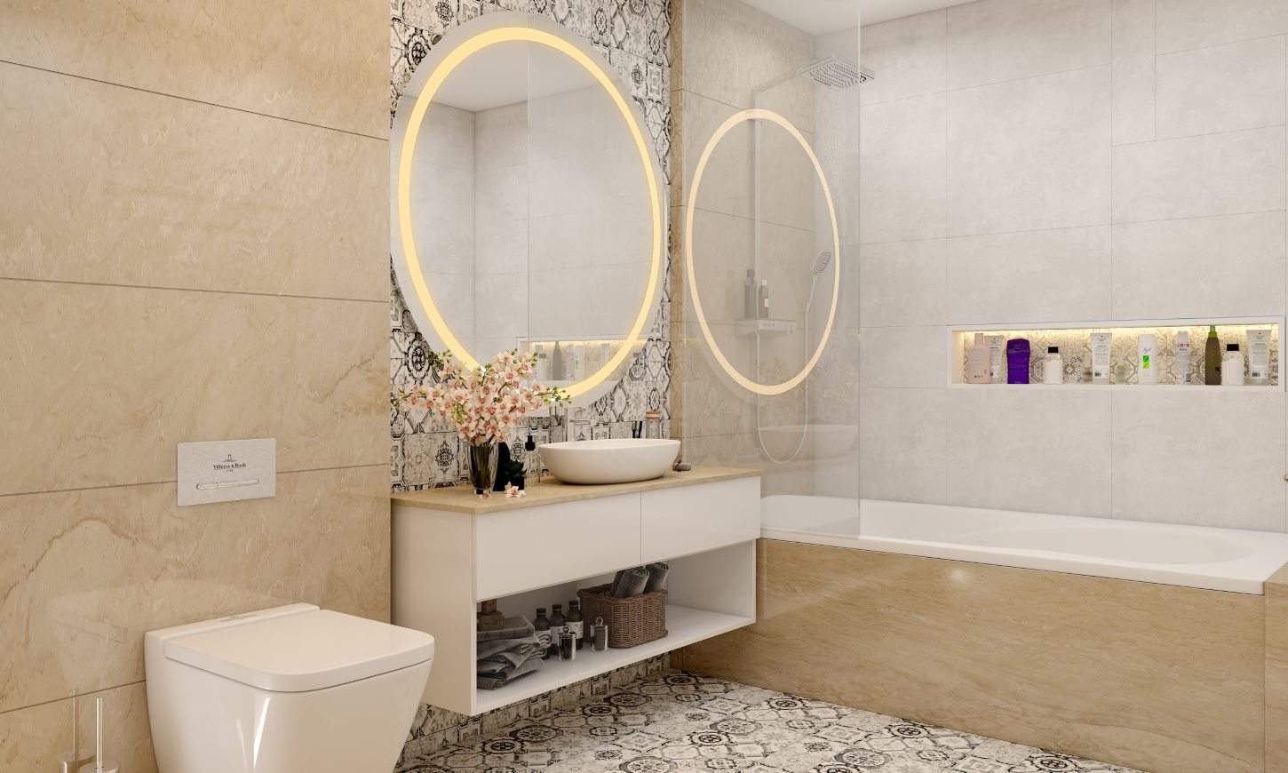 Master bathroom interior design with a floating vanity unit and round mirror