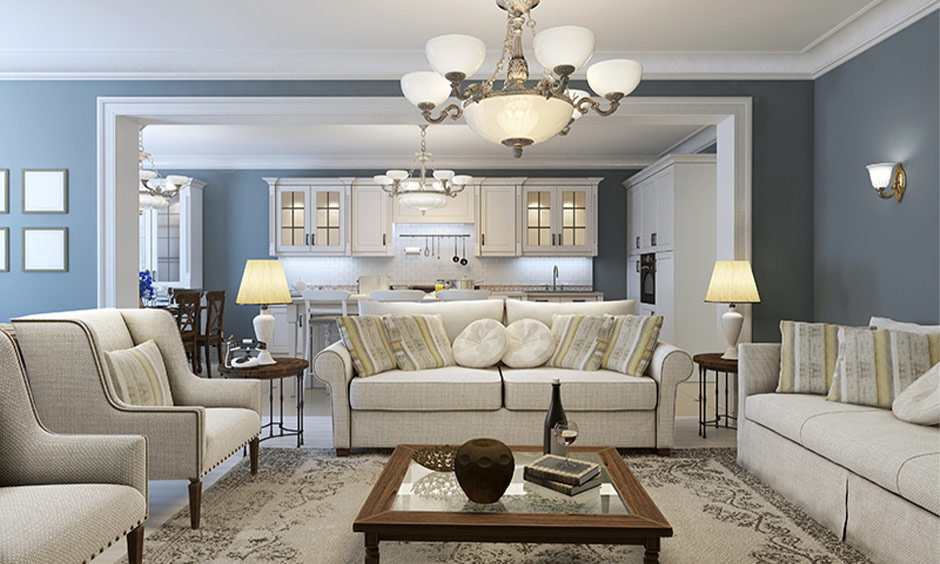 Ornate chandelier replacing ceiling lights in a classic-style living room