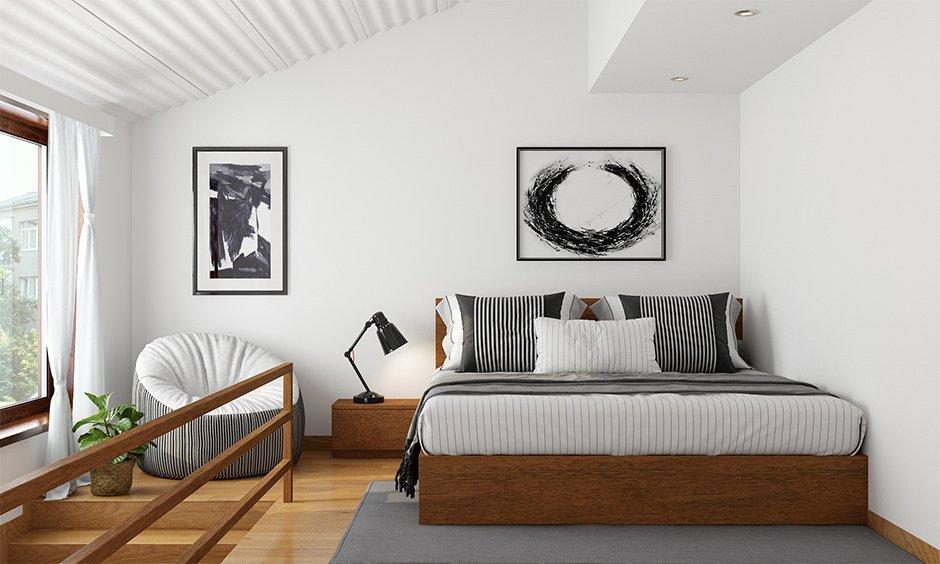 Minimalist, irregularly shaped bedroom interior design, which looks stylish