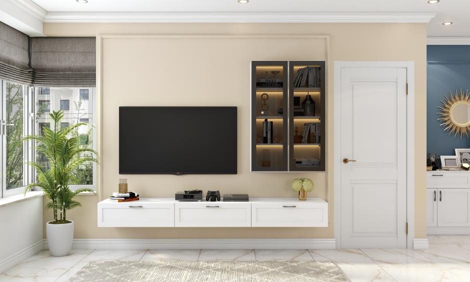 Minimalist interior design living room uses functional storage like floating units and sleek cabinets for tidiness.