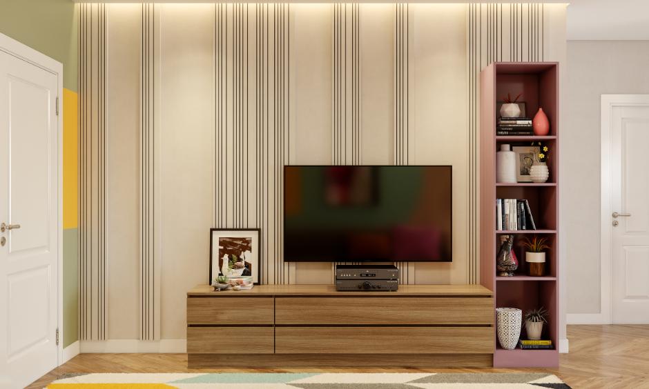 Minimalist living room furniture blends wooden pieces and open shelves for clean, functional style.