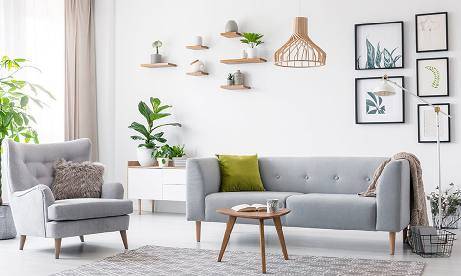 A Scandinavian living room with wooden accents, natural light, plants, and pet-friendly materials.