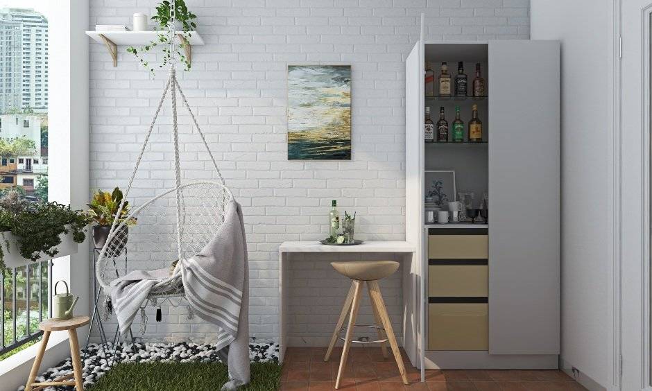 Modern 1bhk house balcony design with sliding glass door