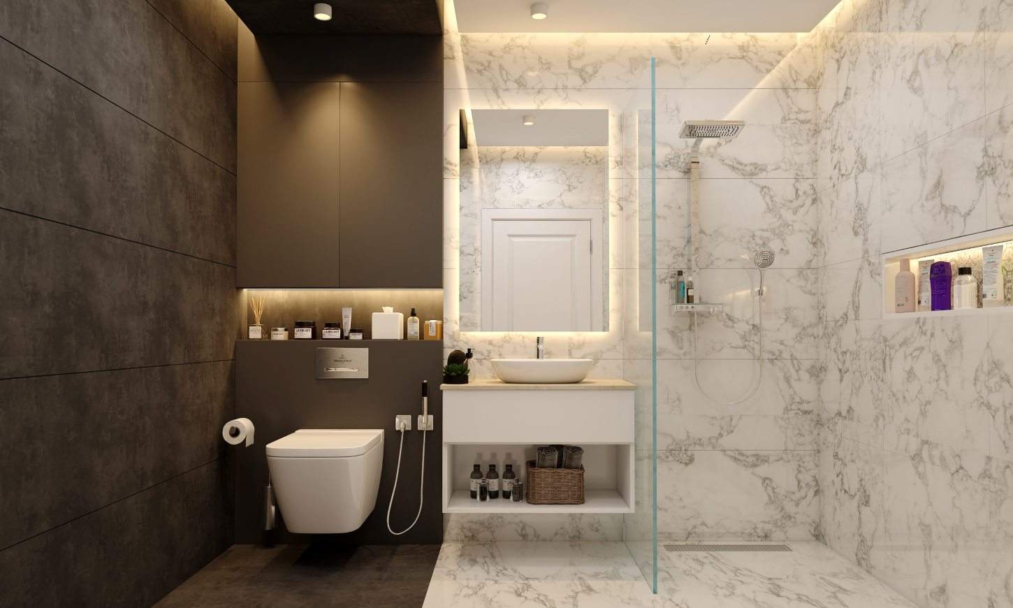 Modern bathroom design with black and white colour scheme