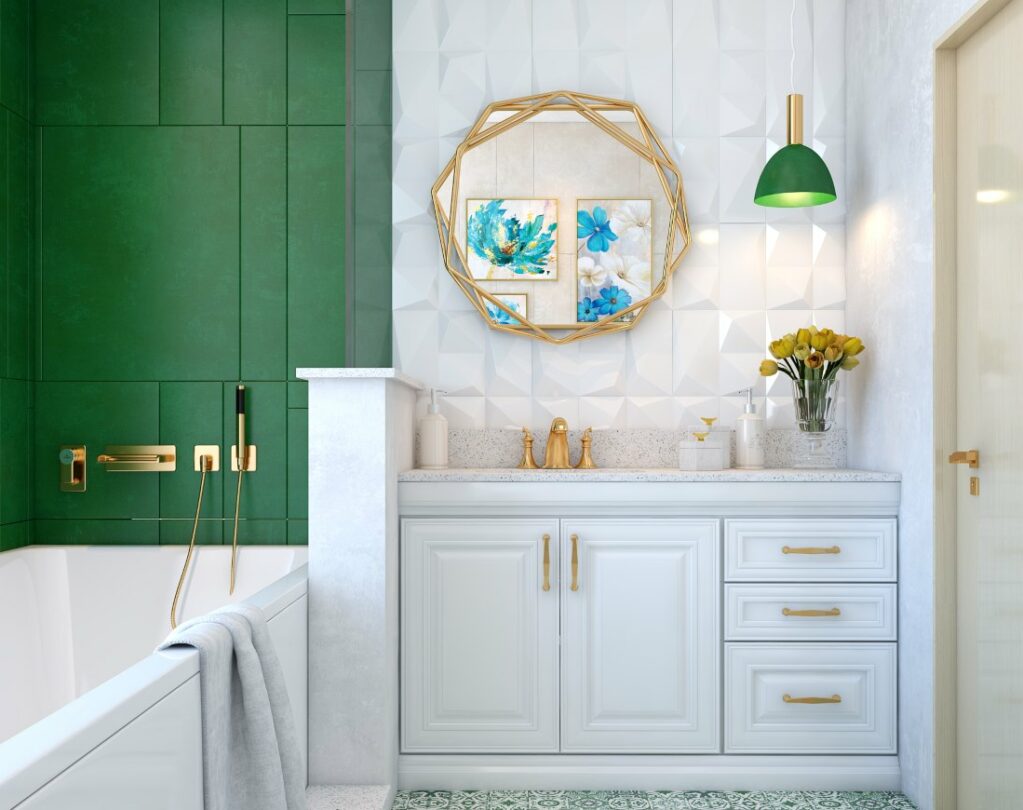 Modern bathroom design with green walls and gold accents to make a classic bathroom