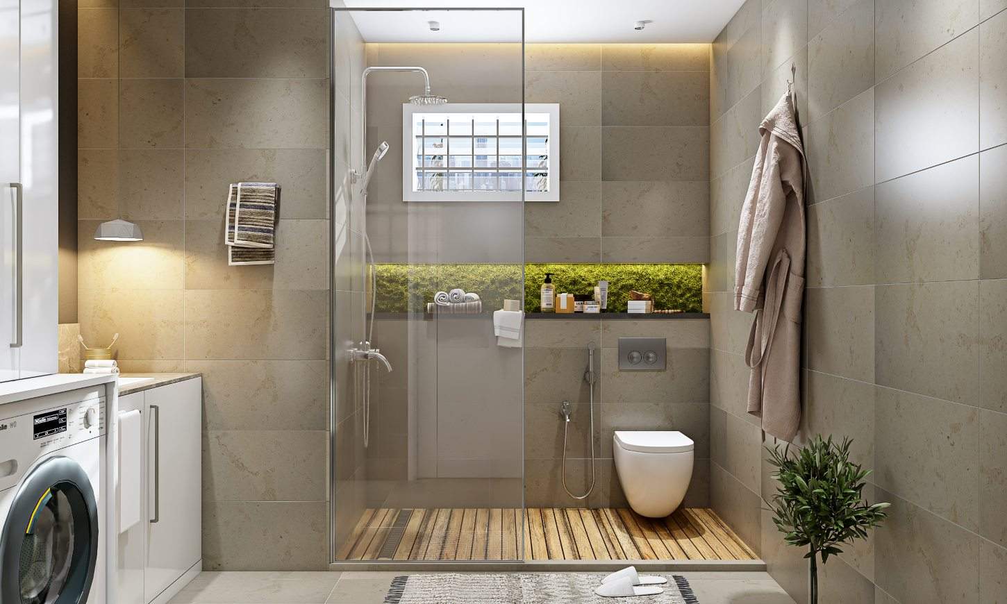 Modern bathroom designed with neutral shades and sleek interiors