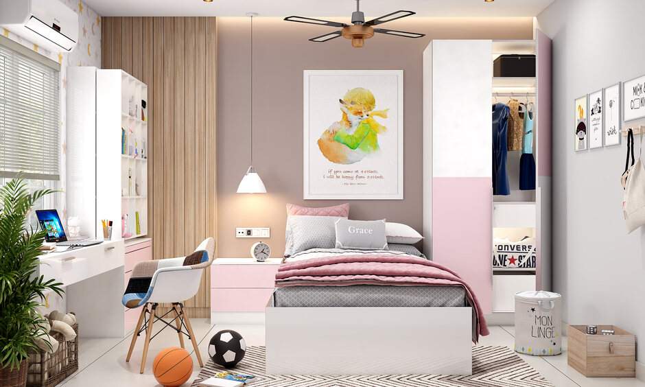 modern kids bedroom with open wardrobe