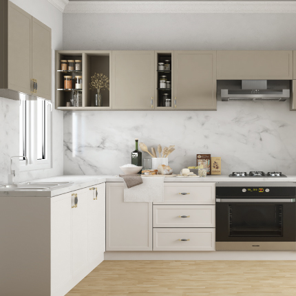 Modern kitchen design in Bangalore with neutral cabinets