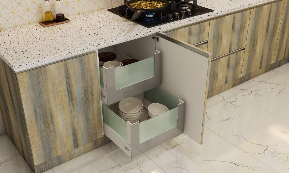 Modern l-shaped kitchen with base cabinets with tandem drawers