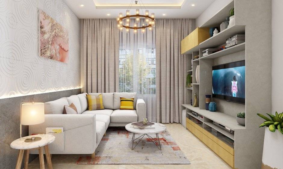 Living room interior design in modern style with a tv unit designed with storage