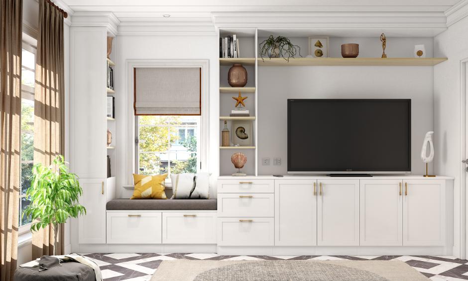 Modern minimalist living room uses built-in storage and clean shelving for a clutter-free small space.