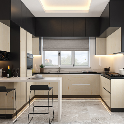 Modern modular kitchen in Bangalore designed with breakfast counter