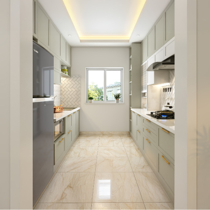 Modern parallel kitchen design in Coimbatore with neutral tones and open shelves