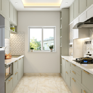 Modern parallel kitchen design in Noida with neutral tones and open shelves