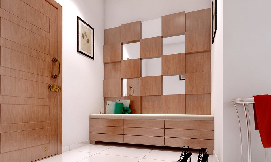 Modern shoe rack with seat enhances the entrance