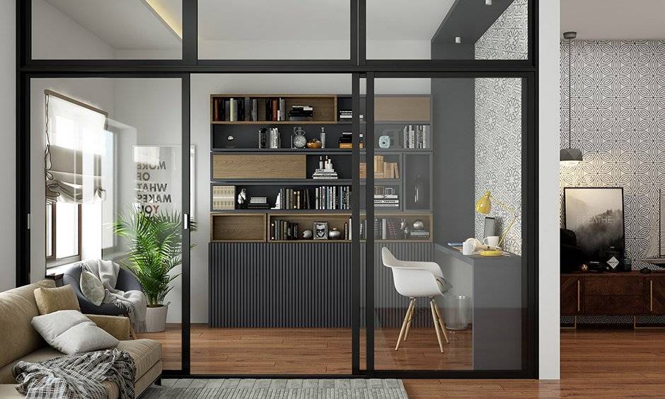 Modern study room design style with dual-toned open shelves, a wall-papered wall and black ledge study table