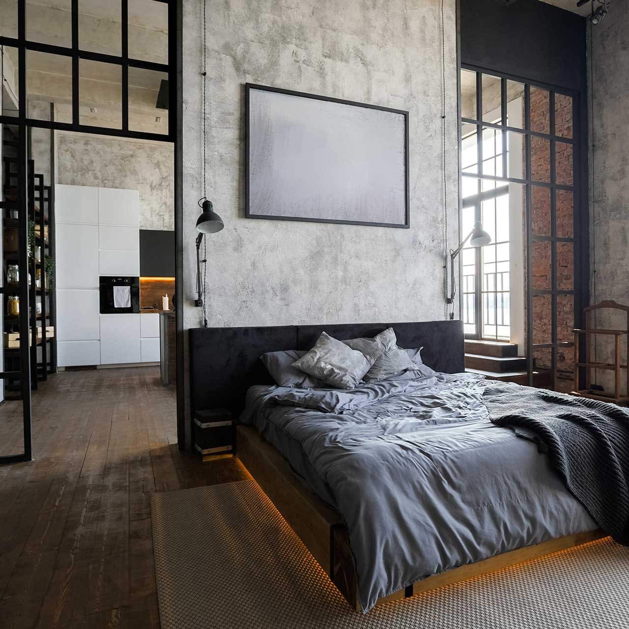 modern style window pane with metal frames for industrial style bedroom design