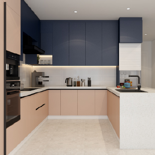 Modern u-shaped modular kitchen design in Pune with pink blue cabinets