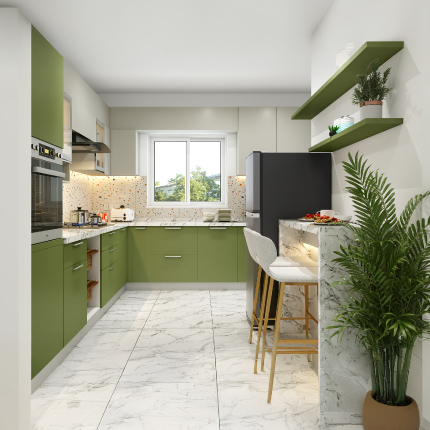 Modular kitchen in Navi Mumbai, Maharashtra with L-shaped layout and green cabinets
