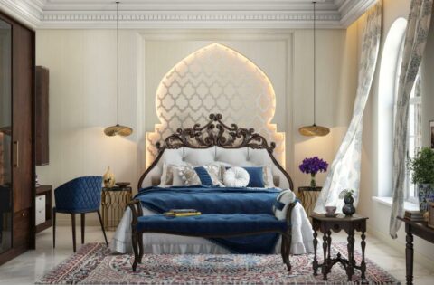Elegant Moroccan style home decor with intricate woodwork and vibrant textiles