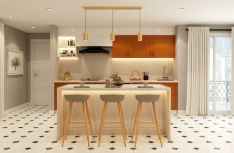 Contemporary kitchen with minimalist furniture and smart storage solutions.