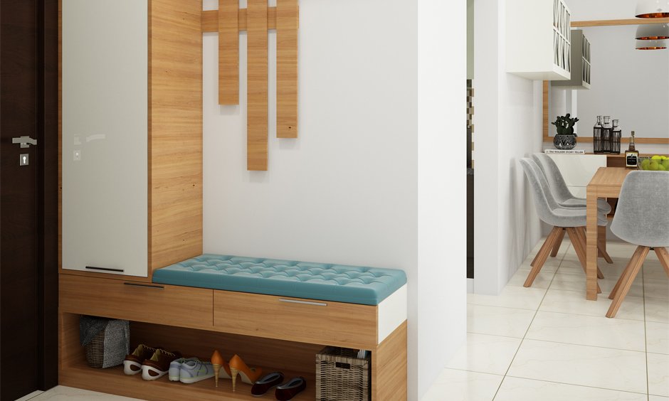 Narrow shoe rack with seat and drawers for additional storage