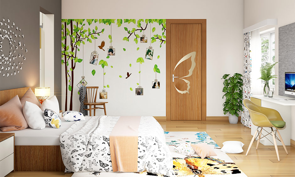 Nature-inspired bedroom wall paint stencil design for a rustic look